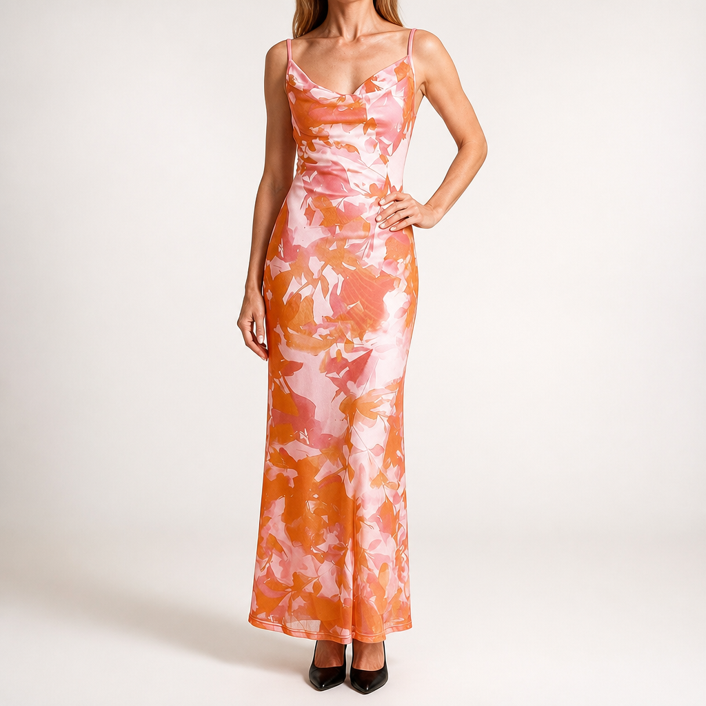 Saskia | Womens Floral Print Strappy Sleeveless Summer Slip Wedding Guest Dresses, Orange