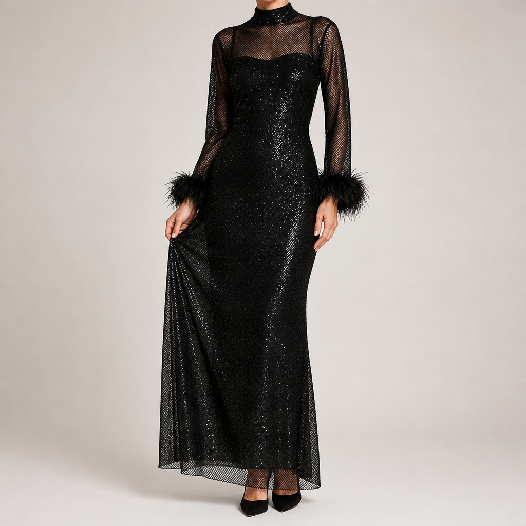 Selene | Womens Wedding Guest Party Mesh Long Sleeve Bodycon Dresses, Black