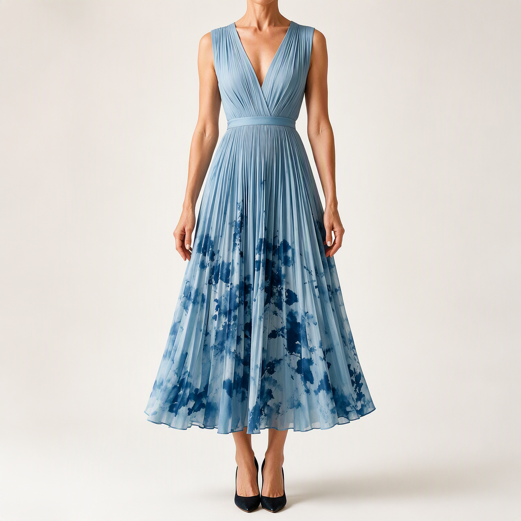 Seraphina | Womens Wedding Guest Maxi Summer Dresses Sleeveless Pleated Printed Dress, Blue
