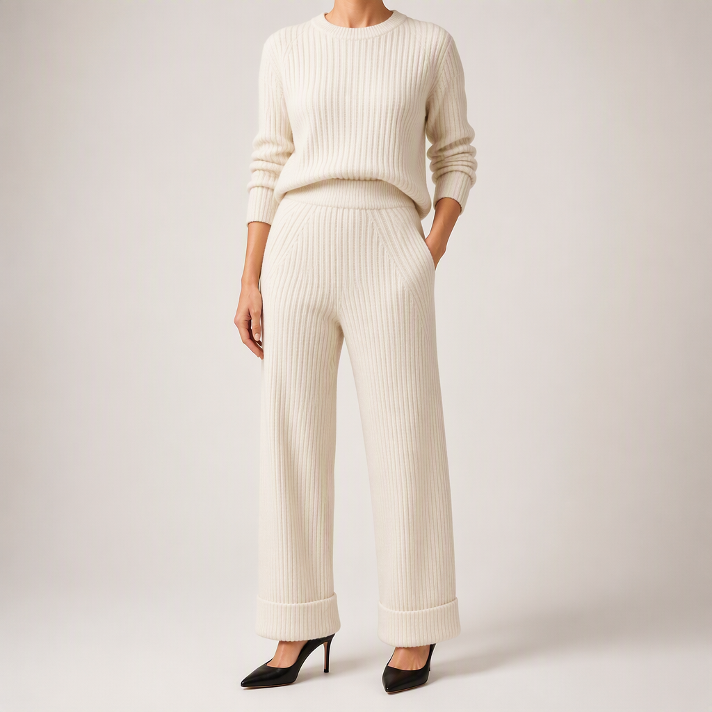 Seraphine | Womens Knit Jumper Vest Wide Leg Trousers Clothing Set, Beige 3