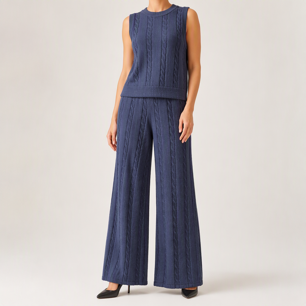Seraphine | Womens Knit Jumper Vest Wide Leg Trousers Clothing Set, Blue