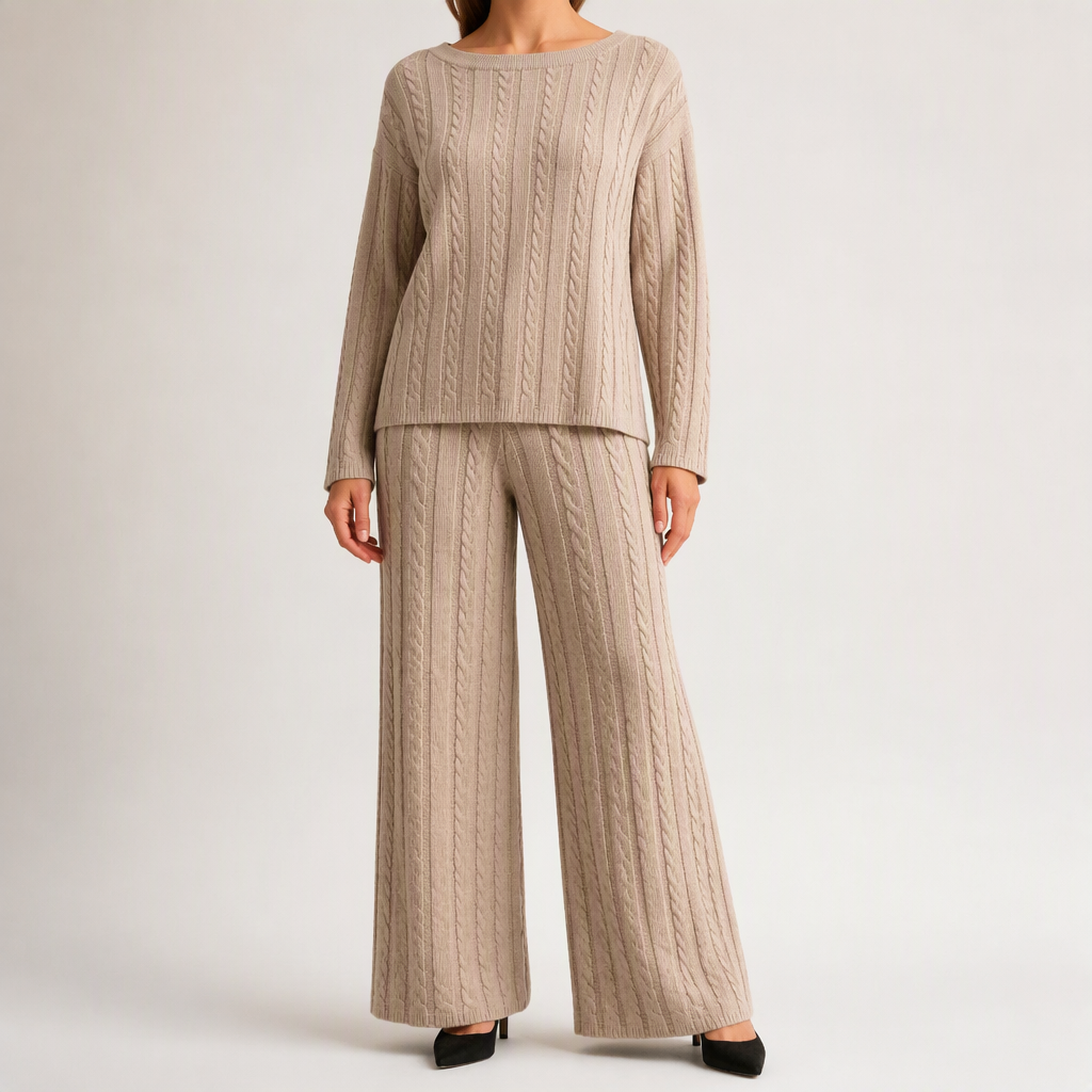 Seraphine | Womens Knit Jumper Vest Wide Leg Trousers Clothing Set, Khaki