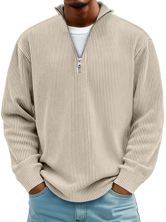 Silas | Mens Corduroy Stand Collar Zip Polo Long Sleeve Top - 2
