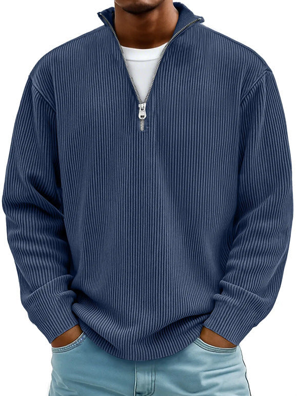 Silas | Mens Corduroy Stand Collar Zip Polo Long Sleeve Top - 3