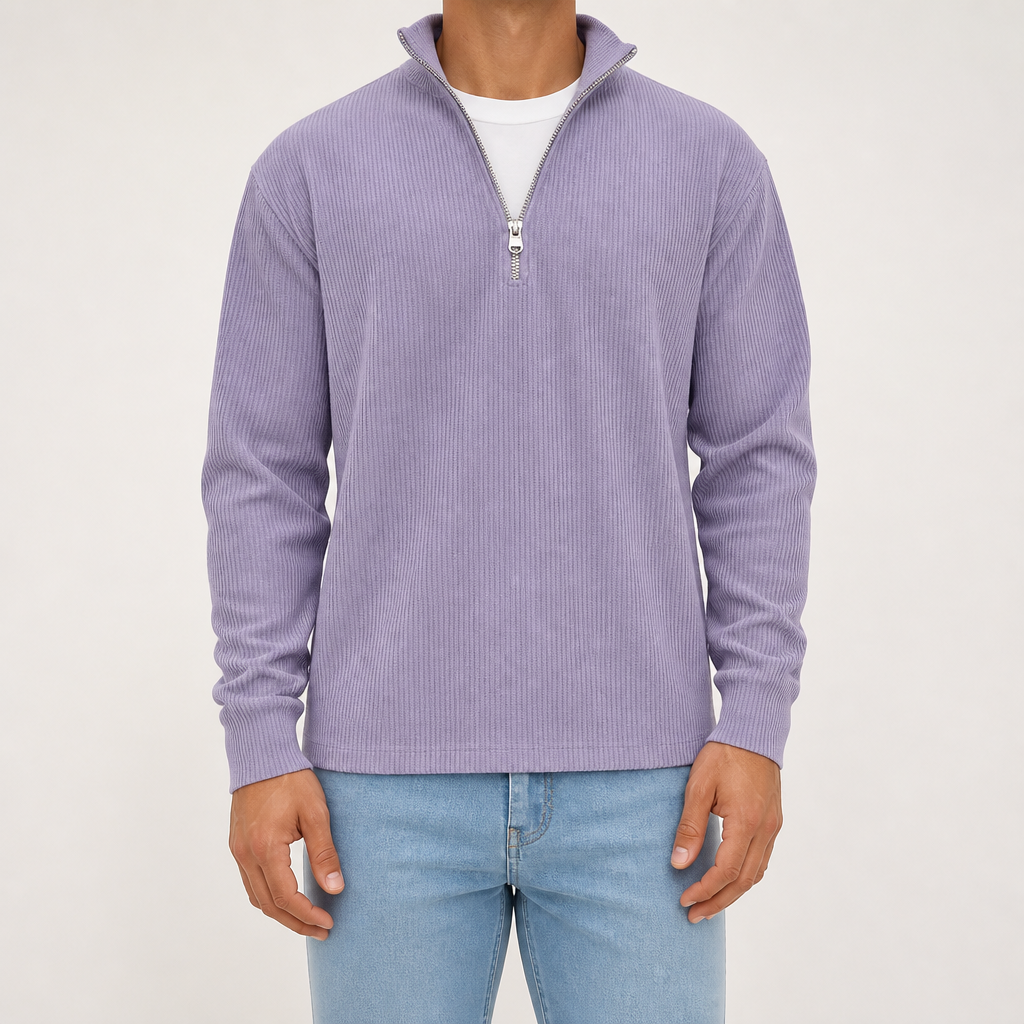 Silas | Mens Corduroy Stand Collar Zip Long Sleeve Polo, Purple