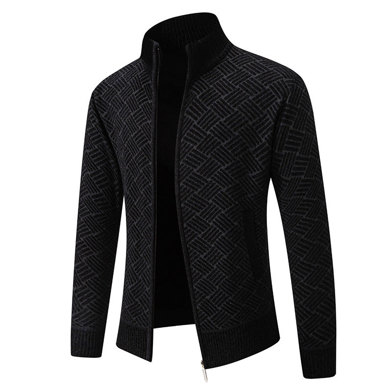 Silas | Mens Stand Collar Zip Knit Cardigan - Black