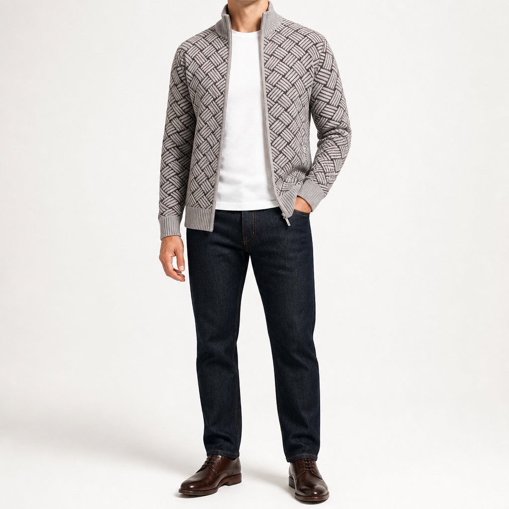 Silas | Mens Knit Cardigan Stand Collar Zip Up Sweater, Light Grey