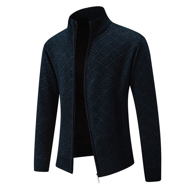 Silas | Mens Stand Collar Zip Knit Cardigan - Navy Blue