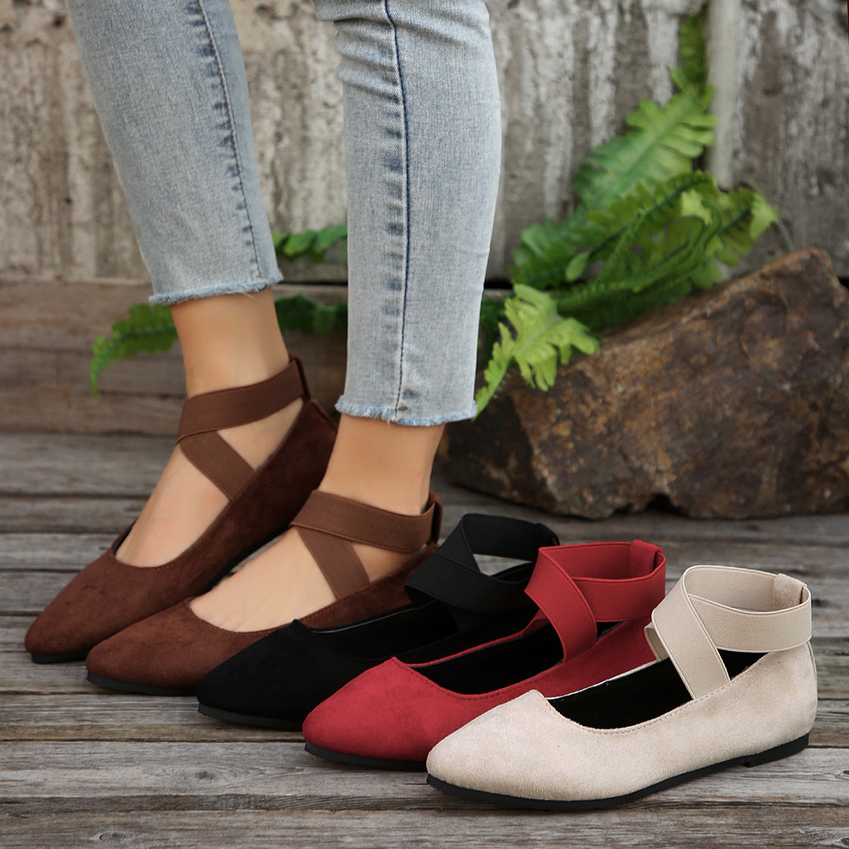 Simone | Womens Round Toe Elastic Ballet Flats Black Off White Brown Shoes - 1
