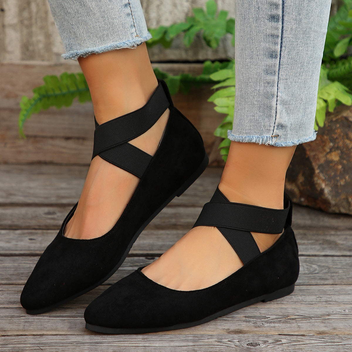 Simone | Womens Round Toe Elastic Ballet Flats Black Off White Brown Shoes - 6