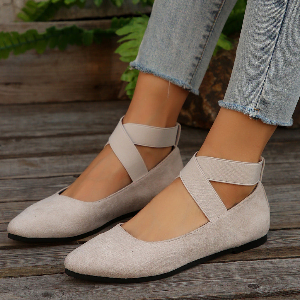 Simone | Womens Round Toe Elastic Ballet Flats Black Off White Brown Shoes - 7