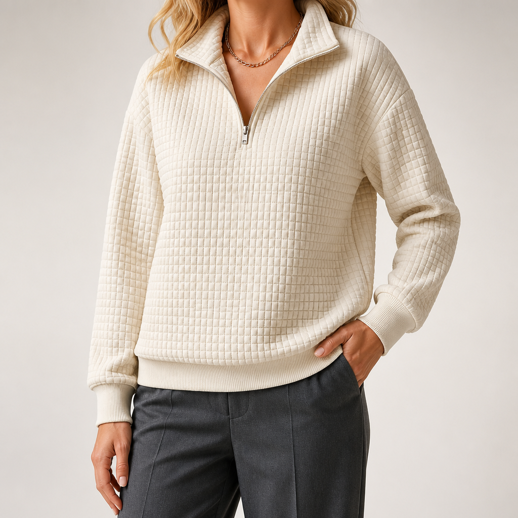 Sloane | Womens Waffle Knit Quarter Zip Sweatshirt Jumper, Khaki