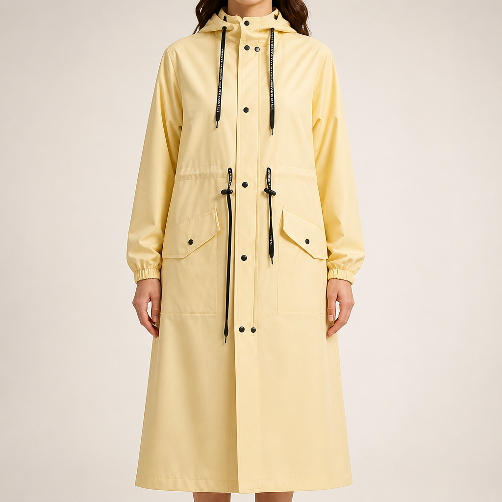 Solene | Womens Raincoat Waterproof Hooded Long Rain Poncho Jacket, Cream Yellow