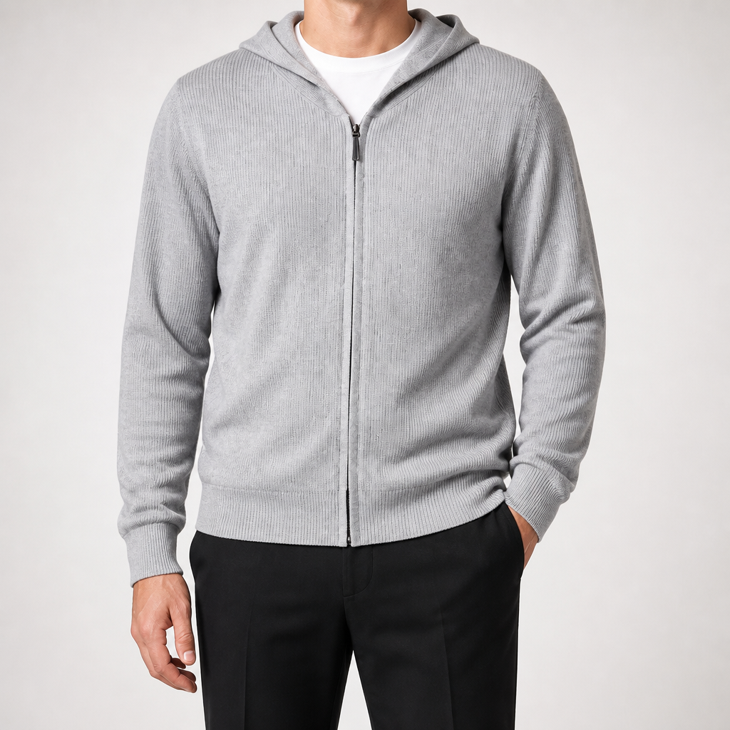 Soren | Mens Knitted Hooded Zip Up Jumper Sweater Cardigan, Grey