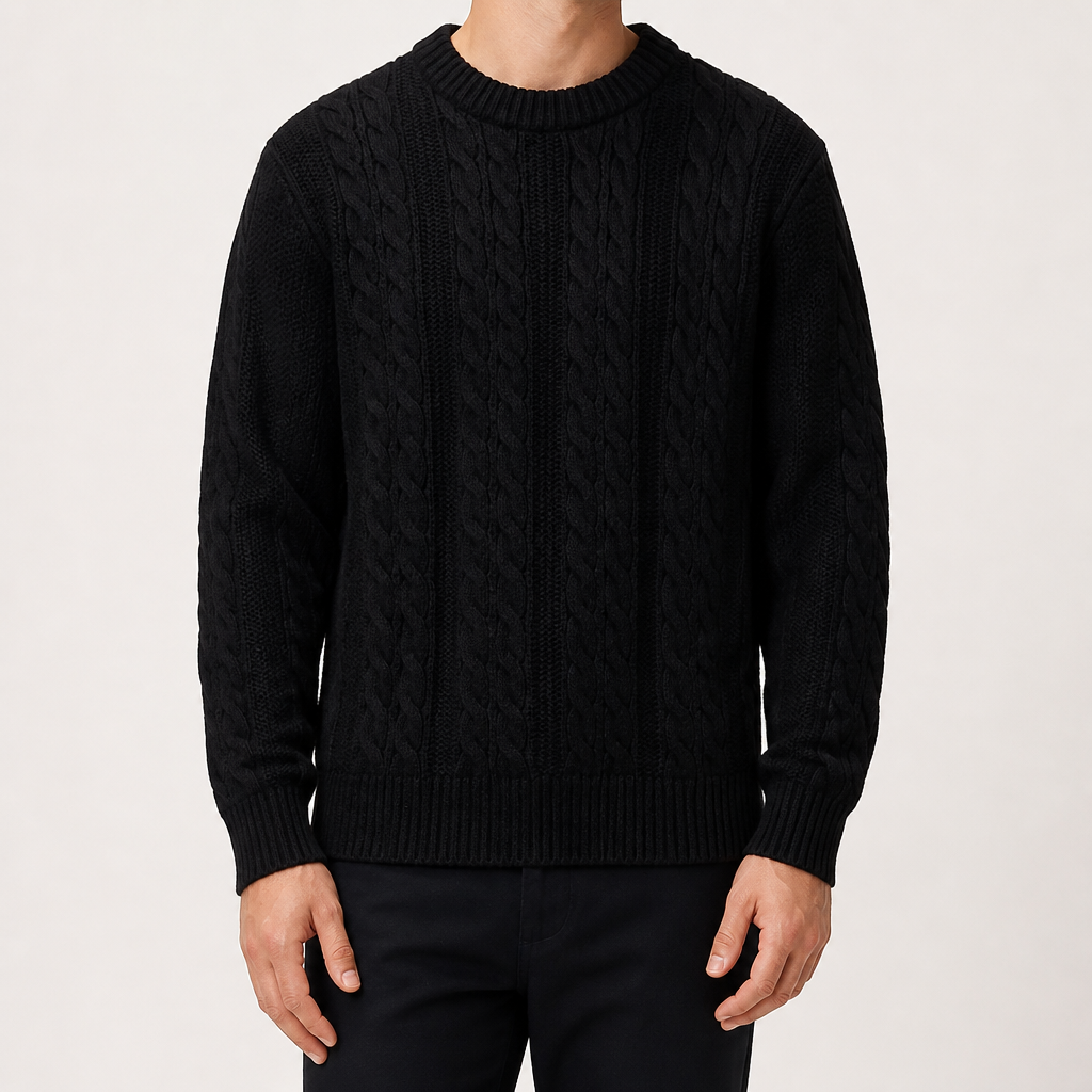 Sterling | Mens Cable Knitted Jumper Round Neck Loose Sweater, Black