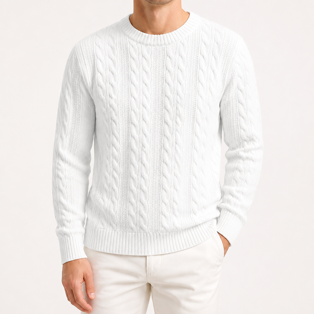 Sterling | Mens Cable Knitted Jumper Round Neck Loose Sweater, White