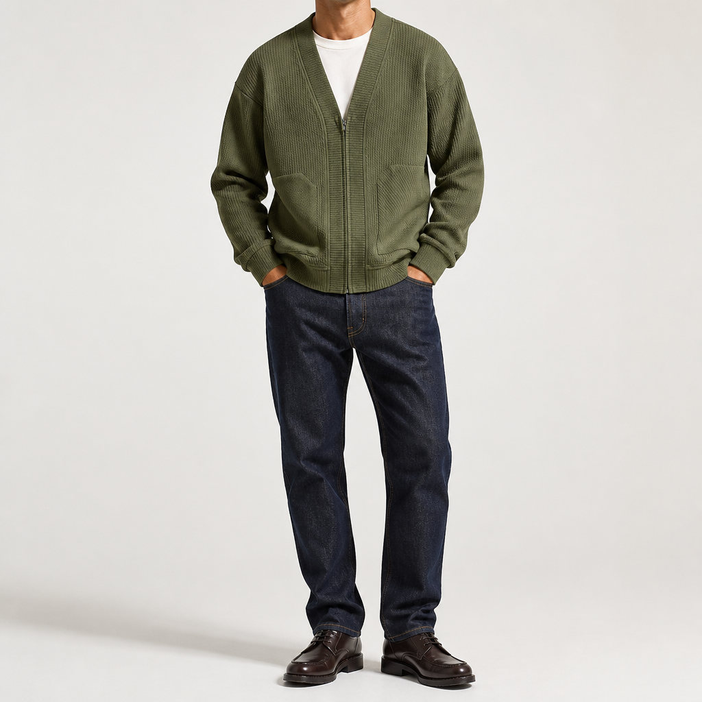 Sterling | Mens Zip Up Solid Colour Casual Cardigan, Army Green