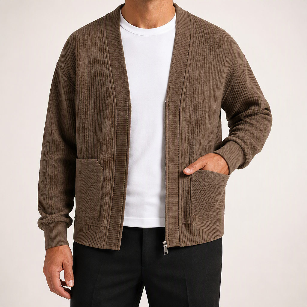 Sterling | Mens Zip Up Solid Colour Casual Cardigan, Brown
