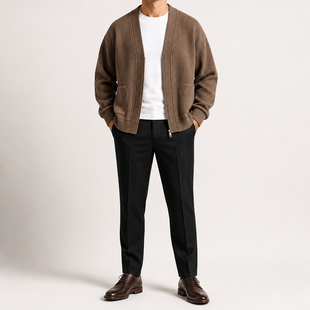 Sterling | Mens Zip Up Solid Colour Casual Cardigan, Brown