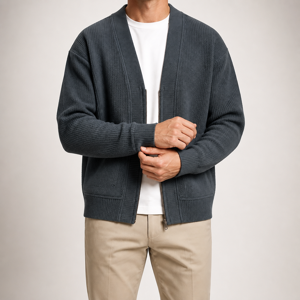 Sterling | Mens Zip Up Solid Colour Casual Cardigan, Grey