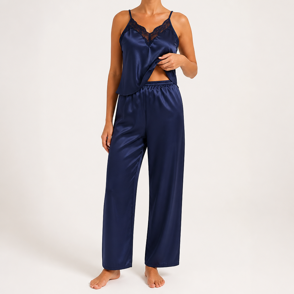 Suki | Womens Satin Pyjamas Silk Cami Trousers Set Loungewear, Dark Blue