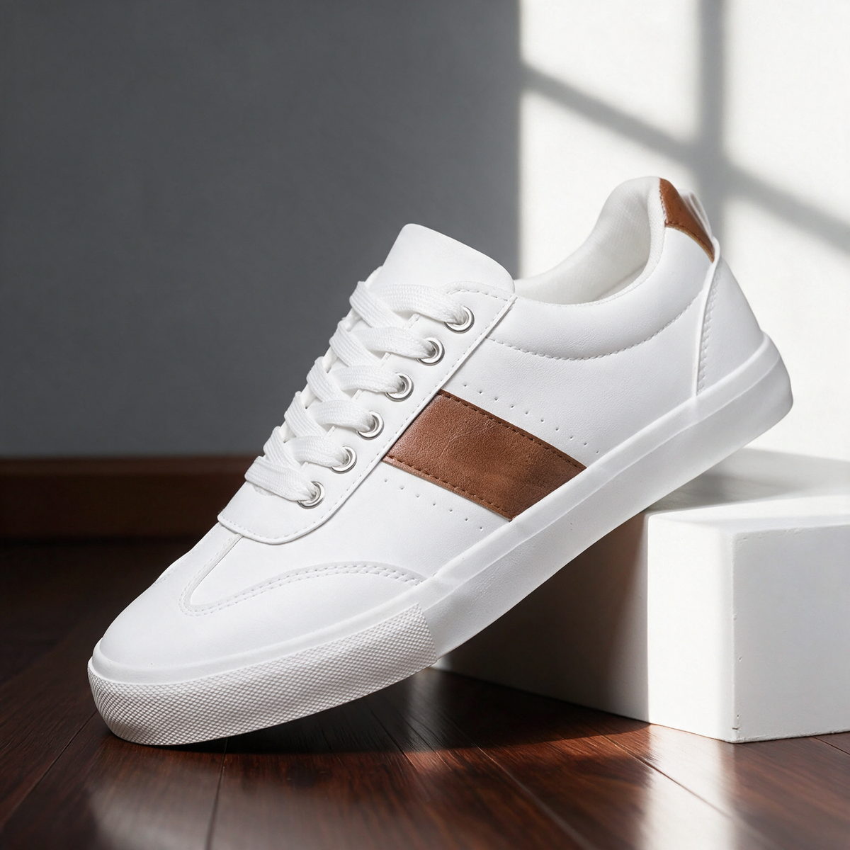 Sullivan Court Sneakers in white with cognac stripe, side view on a wooden floor