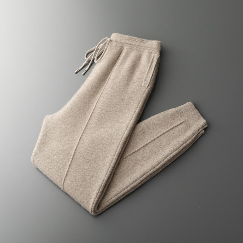 Sutton | Mens Wool Knitted Joggers Trousers Sweatpants Elasticated Waist Bottoms - Camel