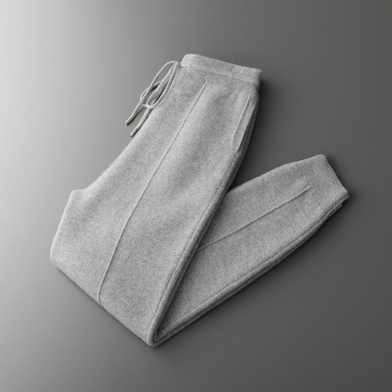 Sutton | Mens Wool Knitted Joggers Trousers Sweatpants Elasticated Waist Bottoms - Light Grey