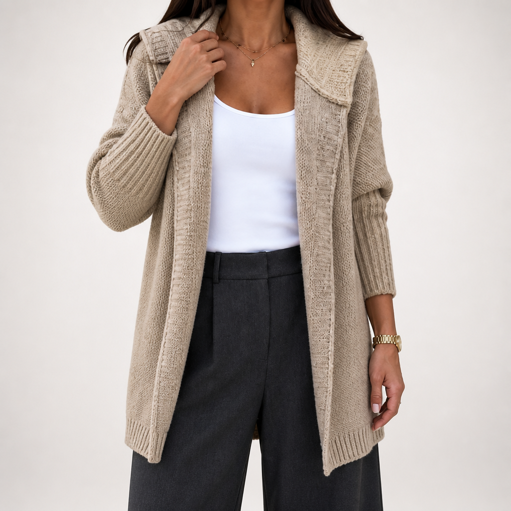 Sybil | Womens Hooded Colour Block Knitted Cardigan, Apricot Khaki