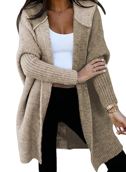 Sybil | Womens Hooded Colour Block Knitted Cardigan, Apricot Khaki
