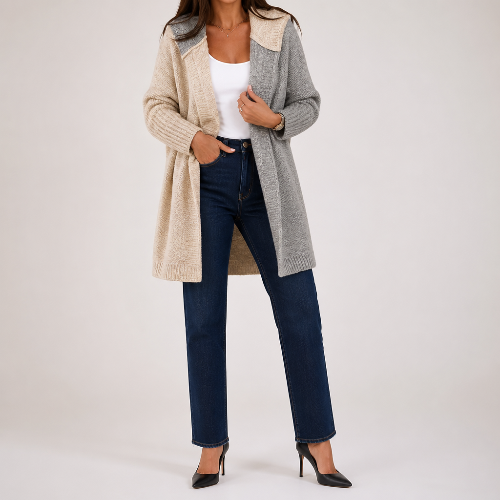 Sybil | Womens Hooded Colour Block Knitted Cardigan, Apricot Light Grey