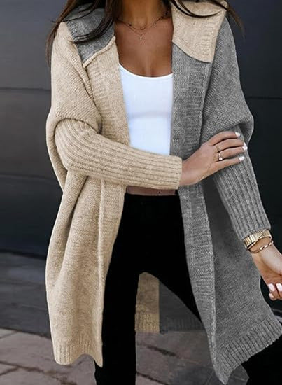 Sybil | Womens Hooded Colour Block Knitted Cardigan, Apricot Light Grey