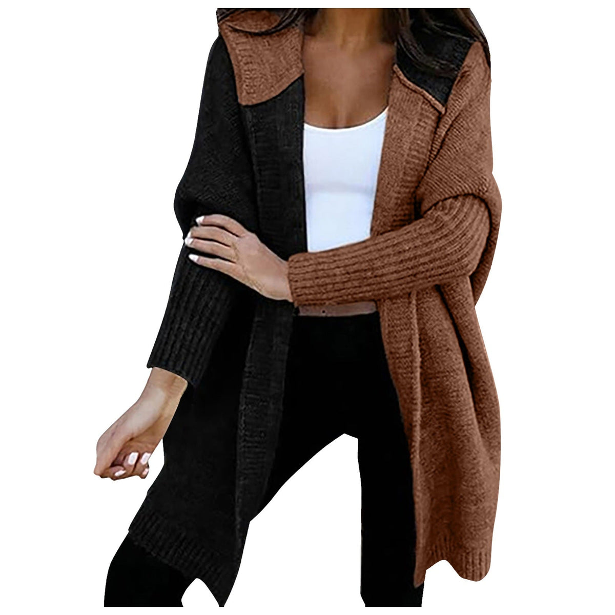 Sybil | Womens Hooded Colour Block Knitted Cardigan, Black Coffee