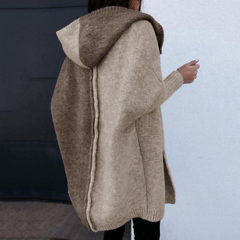 Sybil | Womens Hooded Colour Block Knitted Cardigan, Khaki Camel