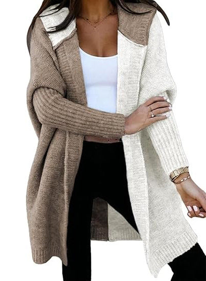 Sybil | Womens Hooded Colour Block Knitted Cardigan, Khaki White