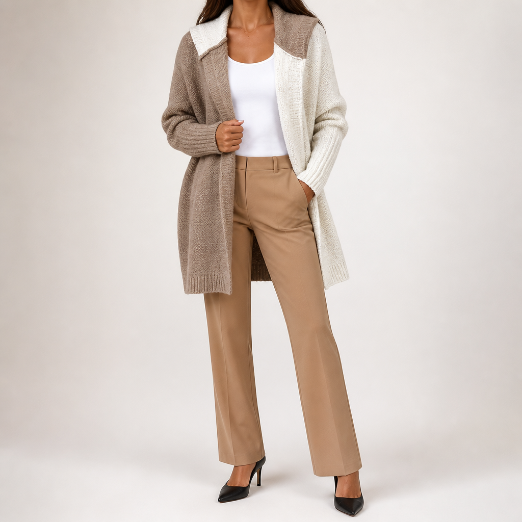 Sybil | Womens Hooded Colour Block Knitted Cardigan, Khaki White