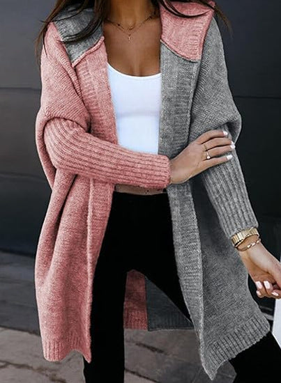 Sybil | Womens Hooded Colour Block Knitted Cardigan, Pink Dark Grey