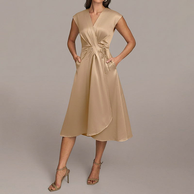 Sylvie | Cocktail Satin Midi Wedding Guest Evening Formal Dresses - Champagne