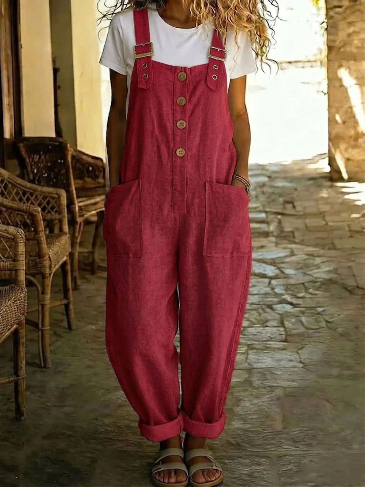 Sylvie | Womens Cotton Linen High Waisted Dungarees Jumpsuit - 1