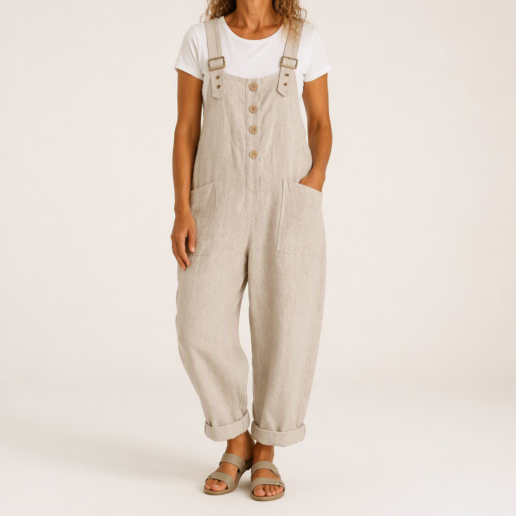 Sylvie | Womens Cotton Linen High Waisted Dungarees Jumpsuit, Apricot