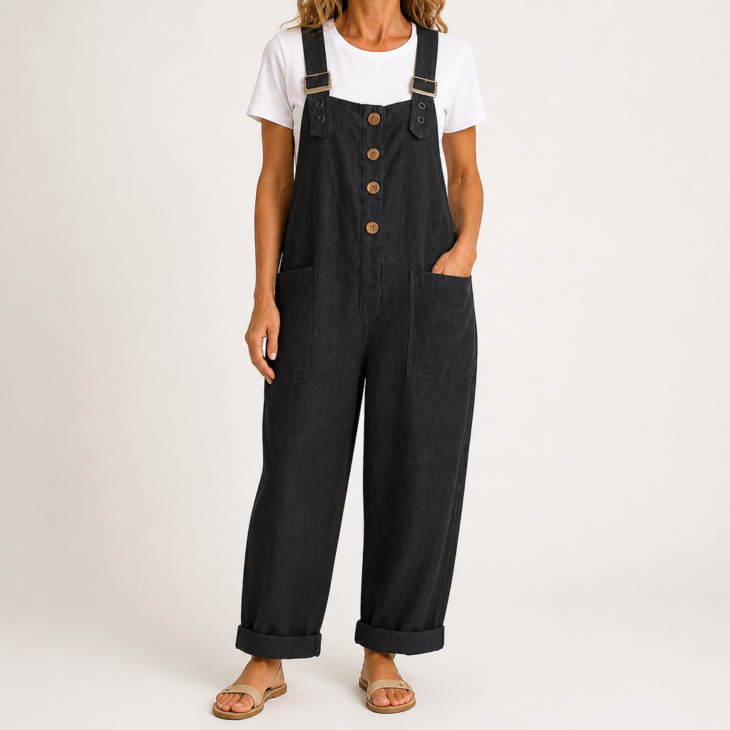 Sylvie | Womens Cotton Linen High Waisted Dungarees Jumpsuit, Black