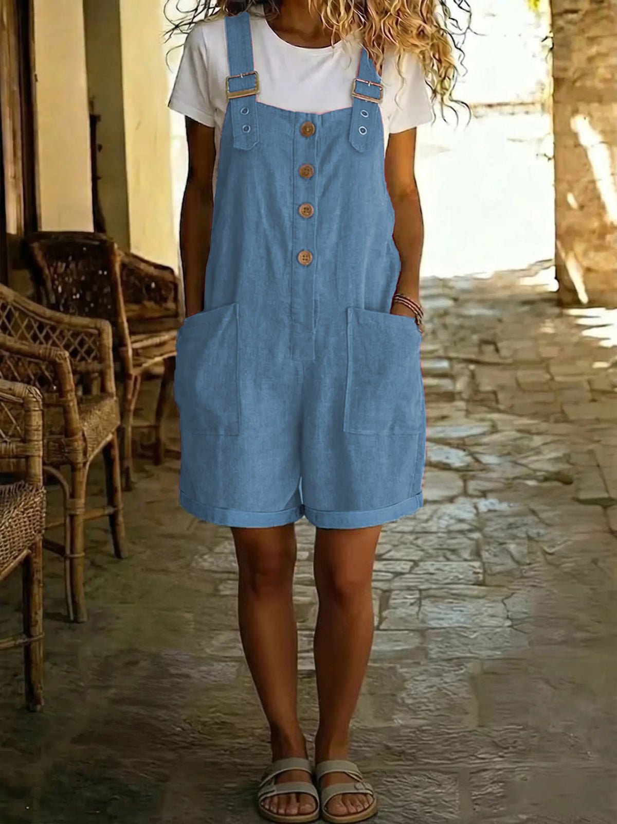 Sylvie | Womens Cotton Linen High Waisted Dungarees Jumpsuit - Sky Blue