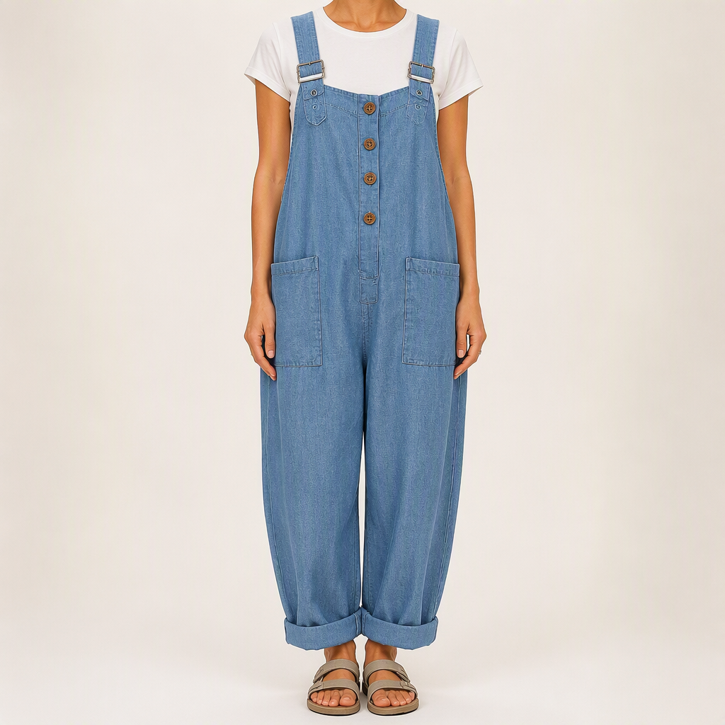 Sylvie | Womens Cotton Linen High Waisted Dungarees Jumpsuit, Sky Blue