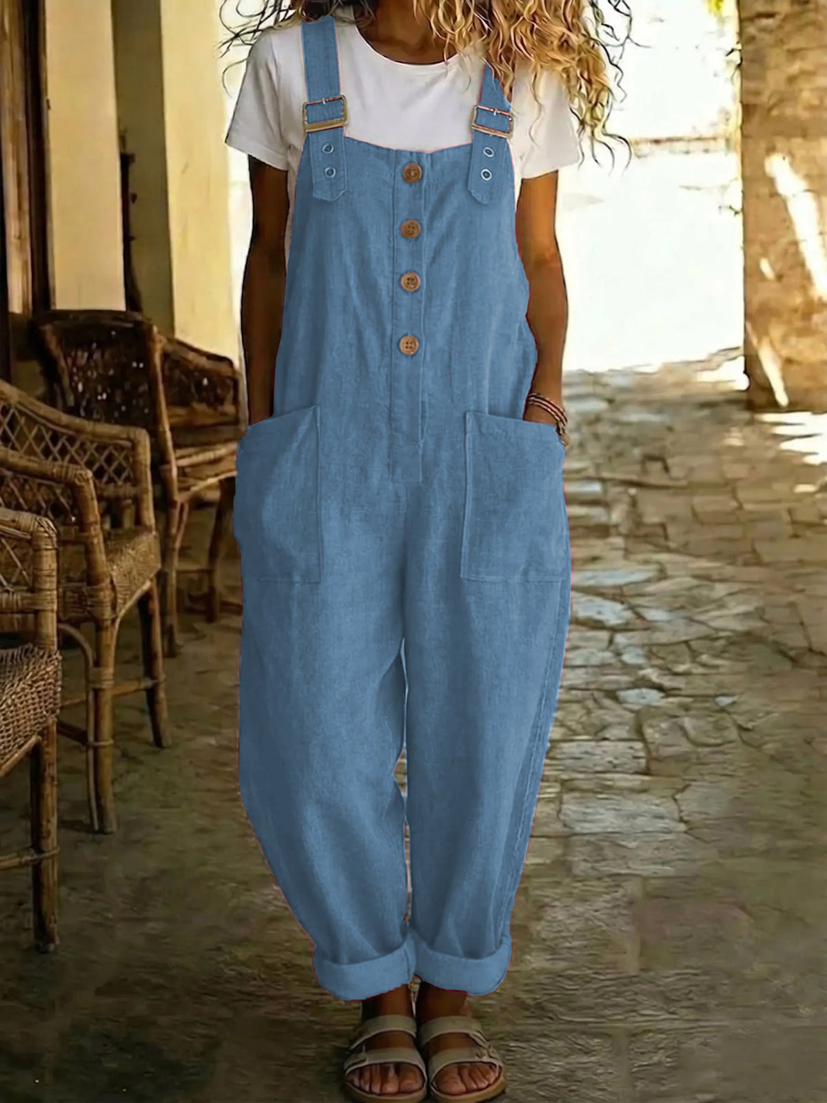 Sylvie | Womens Cotton Linen High Waisted Dungarees Jumpsuit - Sky Blue