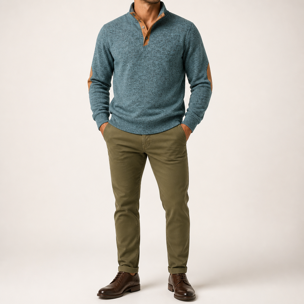 Thaddeus | Mens Knitted Cardigan Stand Collar Casual Shirt, Denim Blue
