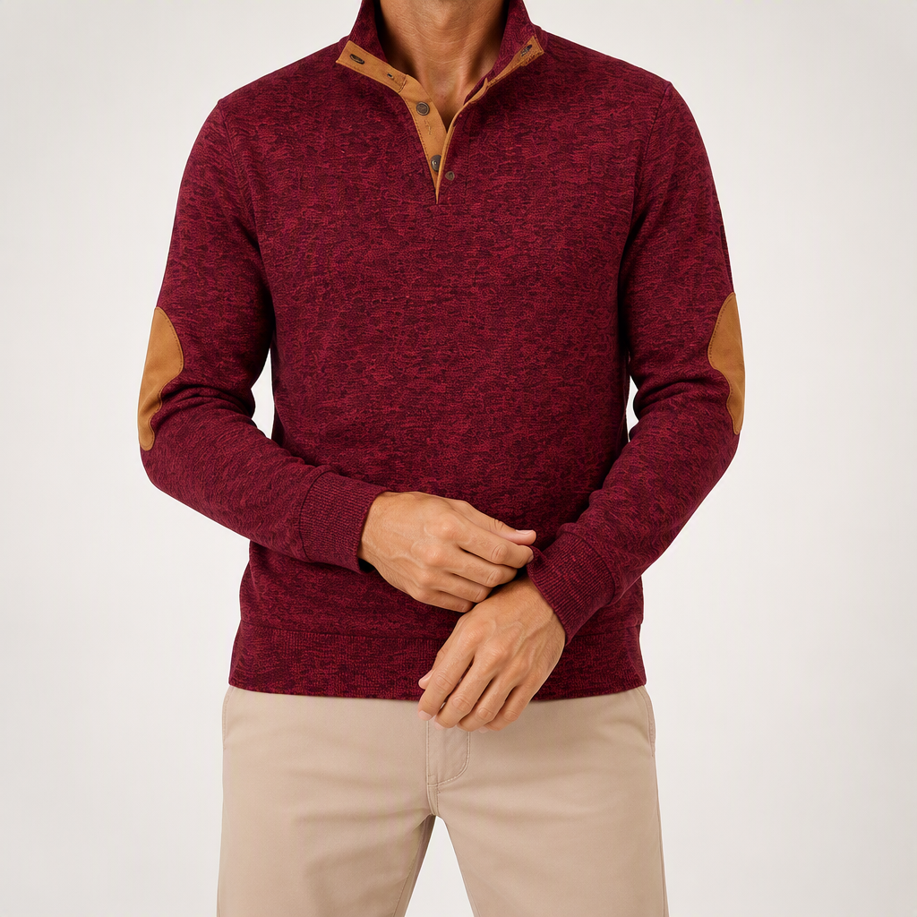 Thaddeus | Mens Knitted Cardigan Stand Collar Casual Shirt, Wine Red