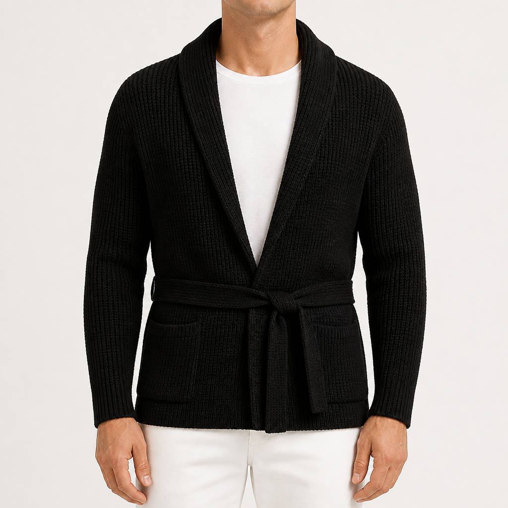Thaddeus | Mens Knitted Button Casual Warm Jumper Cardigan, Black