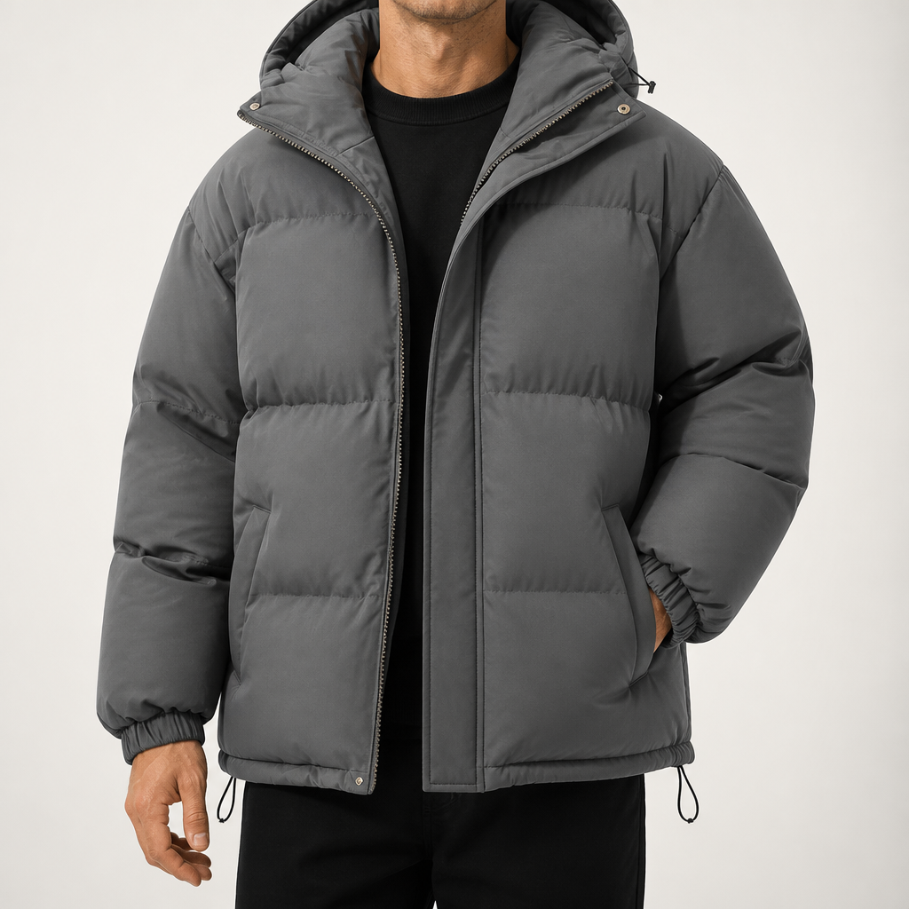 Theobald | Mens Puffer Hooded Winter Warm Loose Padded Jacket, Dark Grey