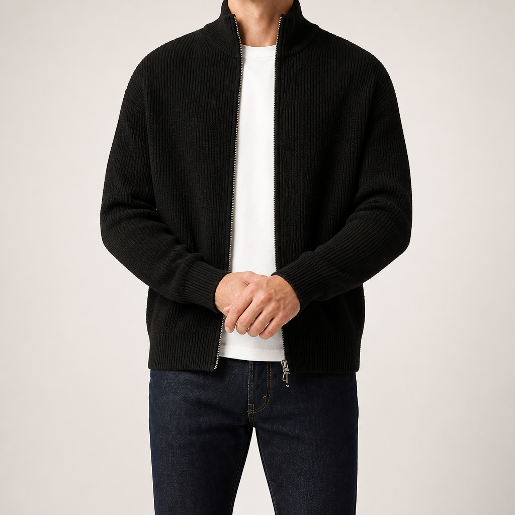 Tobias | Mens Cardigan Zip Knitted Stand Collar Casual Jacket, Black