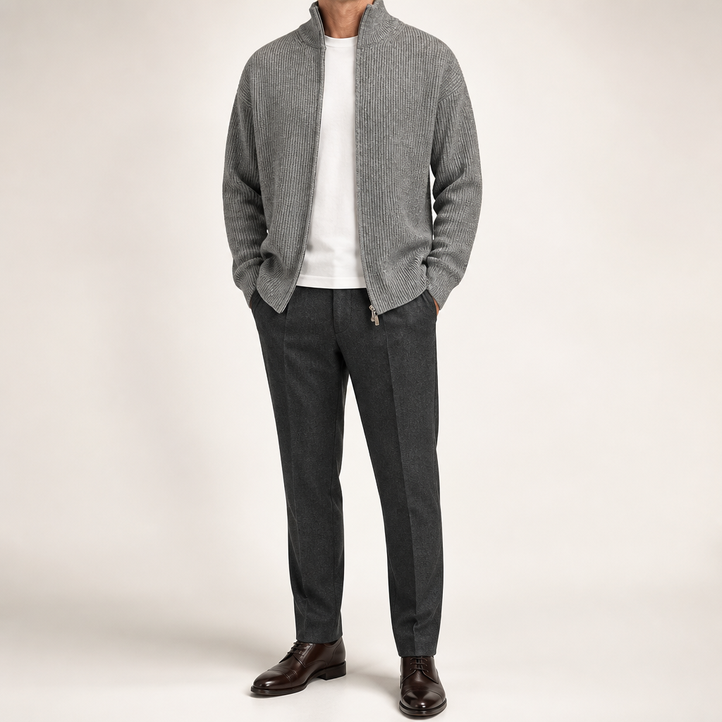 Tobias | Mens Cardigan Zip Knitted Stand Collar Casual Jacket, Grey